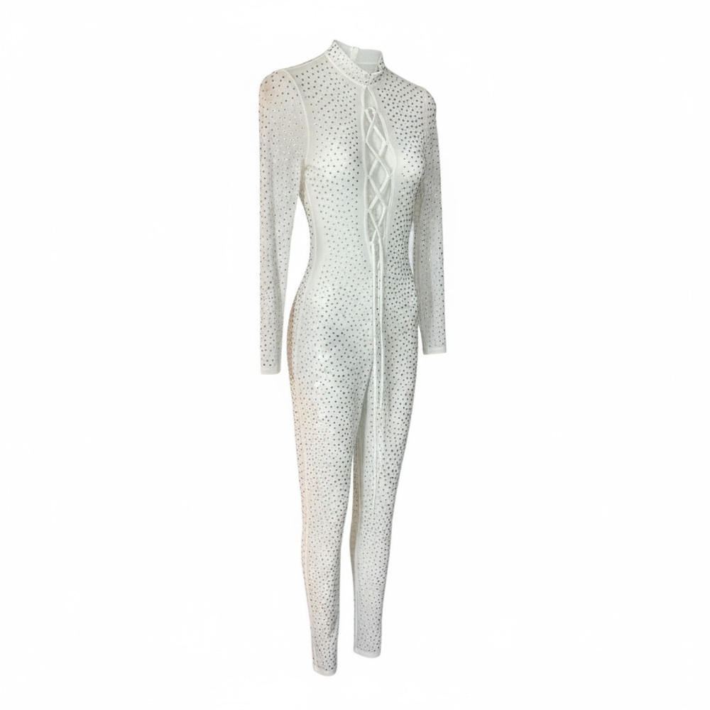 Banjul White Sheer Rhinestone Long Sleeve Mesh Jumpsuit Lace up front. Bodycon